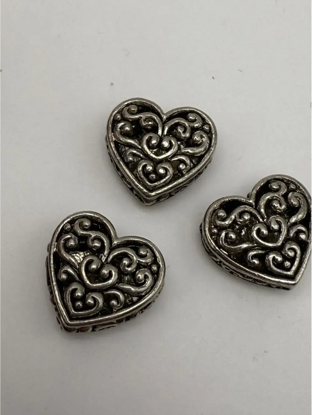 3 large Heart-Shaped Silver Beads